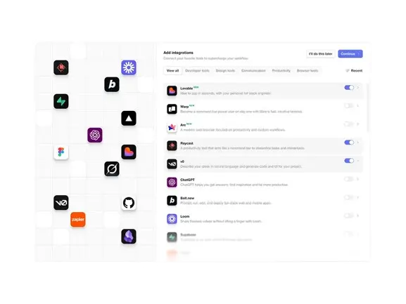 A modern data integration dashboard interface showing universal connectors in action. The interface displays various data sources being connected: MySQL database, PostgreSQL, Google Sheets, Airtable, Salesforce, and other business tools. Visual connection lines show real-time data flow between sources, with status indicators showing active connections. Clean, professional UI with blue and green gradients highlighting the seamless integration process.