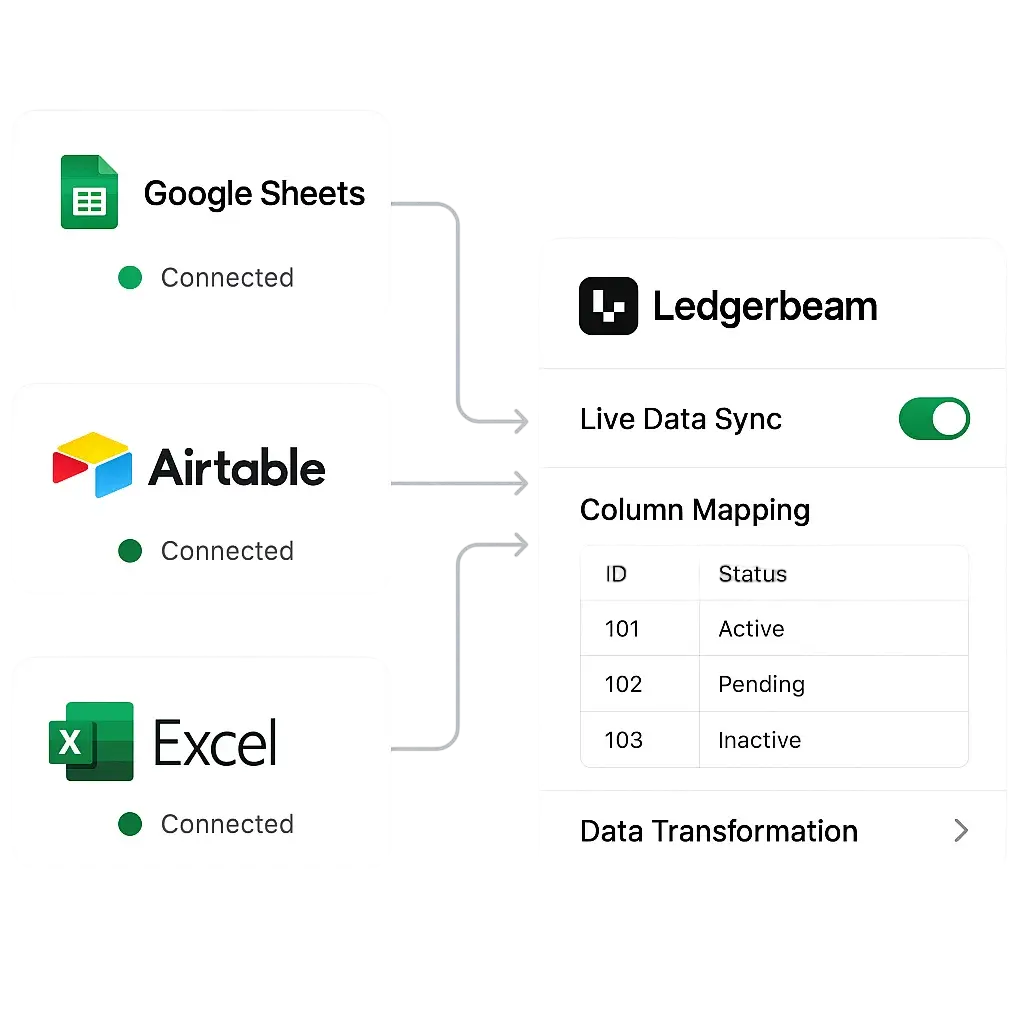 A spreadsheet integration interface showing Google Sheets, Airtable, and Excel connections. The interface displays live data sync from spreadsheets with real-time updates, column mapping, and data transformation options. Clean UI showing spreadsheet icons, connection status, and data preview panels with seamless integration workflows.